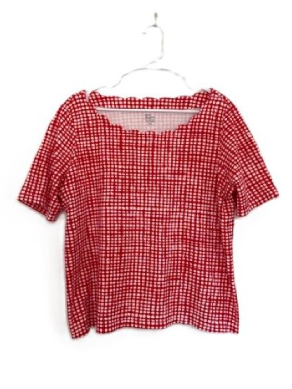Kim Rogers Red and White Checkered Short Sleeve Shirt with Scalloped Neckline